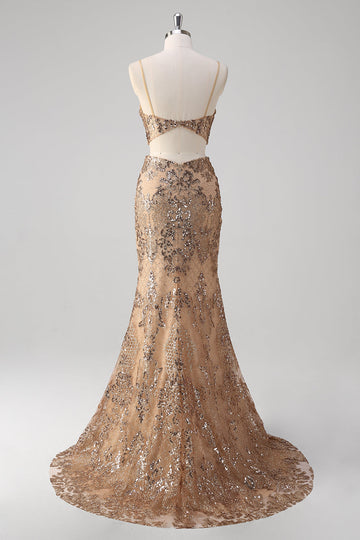 Champagne Sirena Tirantes de Espagueti Lentejuelas Vestido de Fiesta Ahuecado
